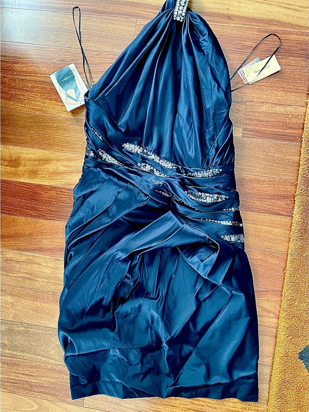 Sexy Mandalay Navy Blue satin dress w/one shoulder strap rhinestoned and sequins